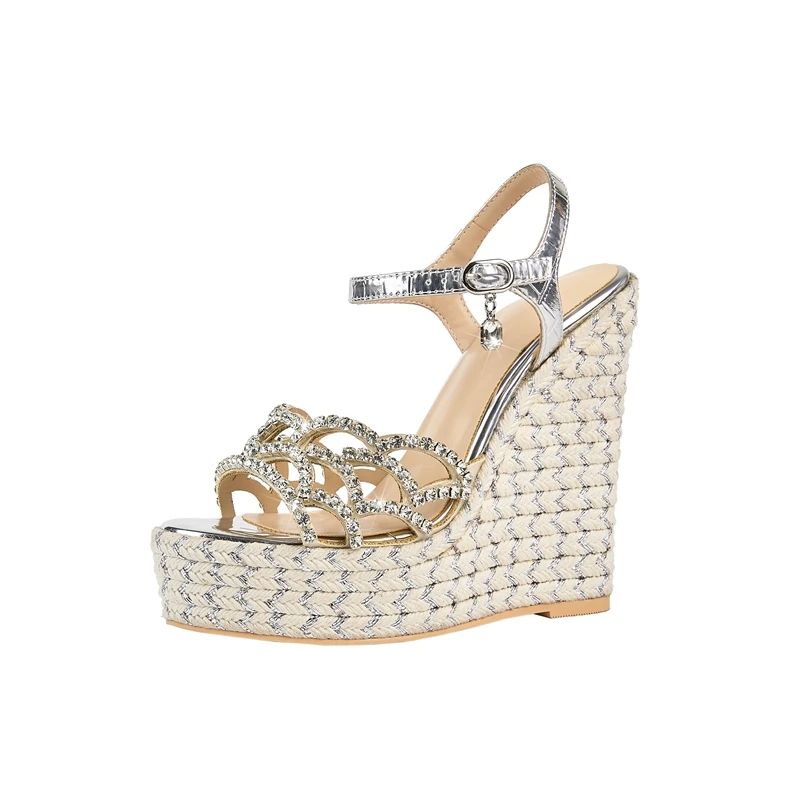 Women's New Summer Round Toe Thick Sole With Diamond Inlaid High Heels, Large Open Toe Hemp Rope Woven Slope Heel Sandals detail