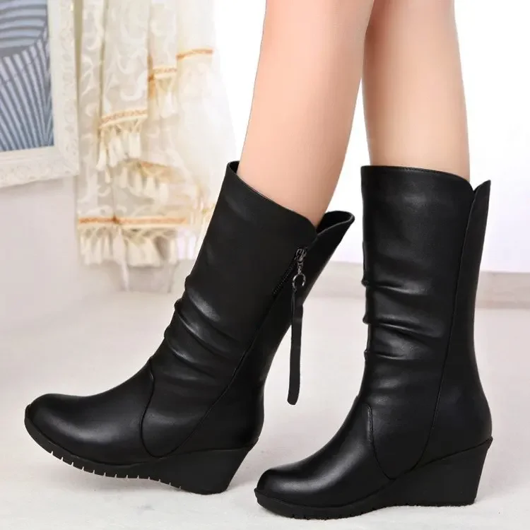 2024 Autumn Winter Anti Slip Slope Heel Women Dance Casual Mid Tube Boot Warm Snow Boot English Chelsea Boot Large Women Shoe detail