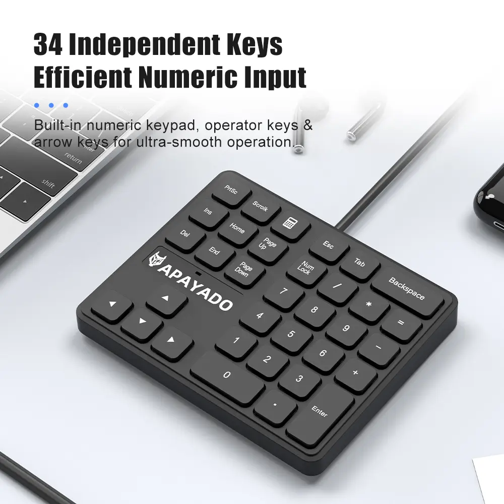 T35 Wired Numeric Keypad 34 Keys APAYADO USB Number Pad Plug Ergonomic Ultra Thin Portable for Finance product view
