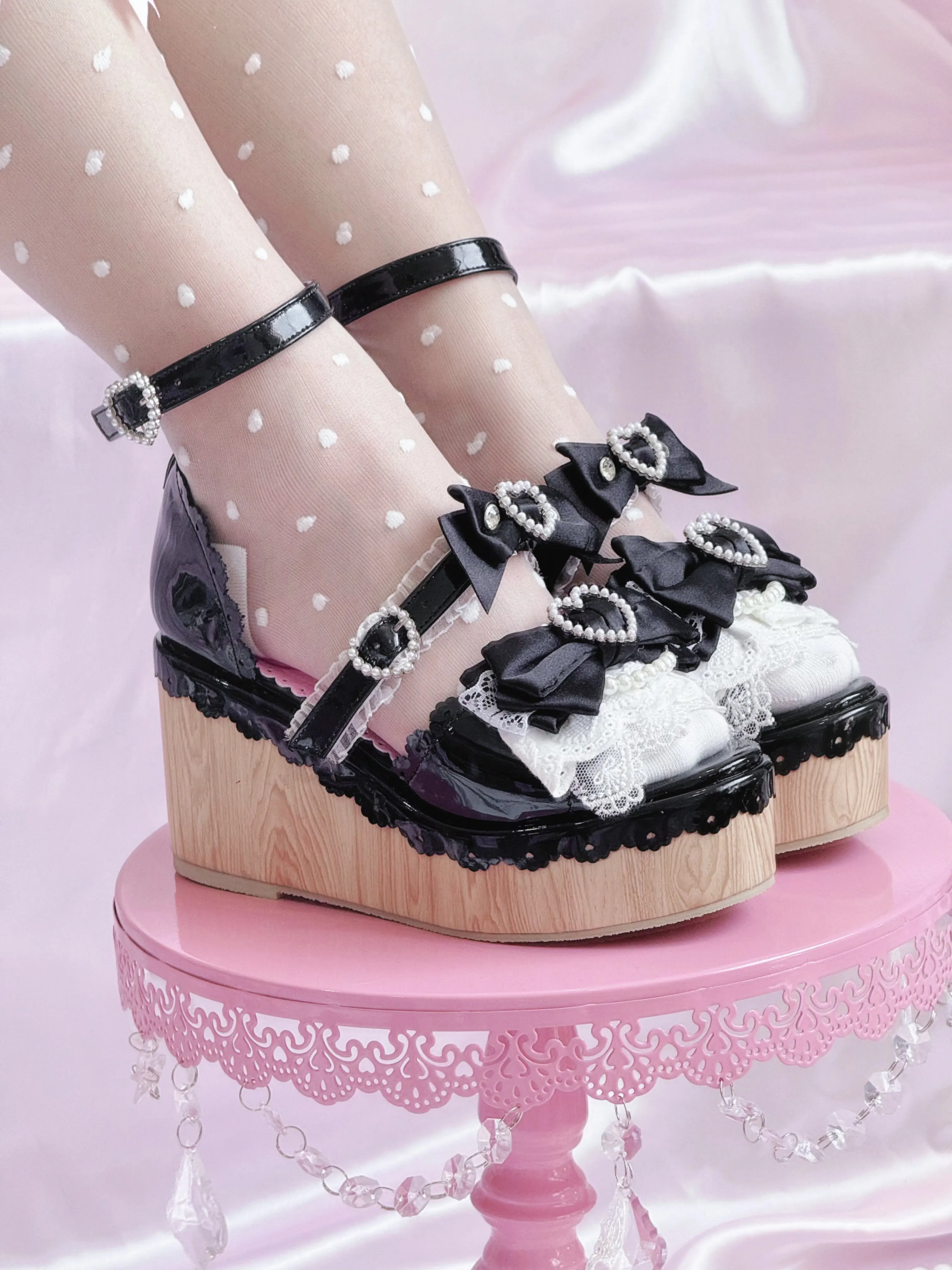 Y2K Millennium Lolita Original Design Slope Heel Open-toed Sandals Japanese Girl Ancient Feeling Sweet Bow Lo Shoes detail