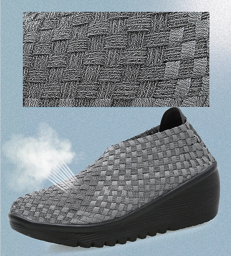 EOFK Autumn Women Woven Shoes Loafers Platform Handmade Elastic Slip on Nylon Woven Casual Wedges Shoes Lady detail