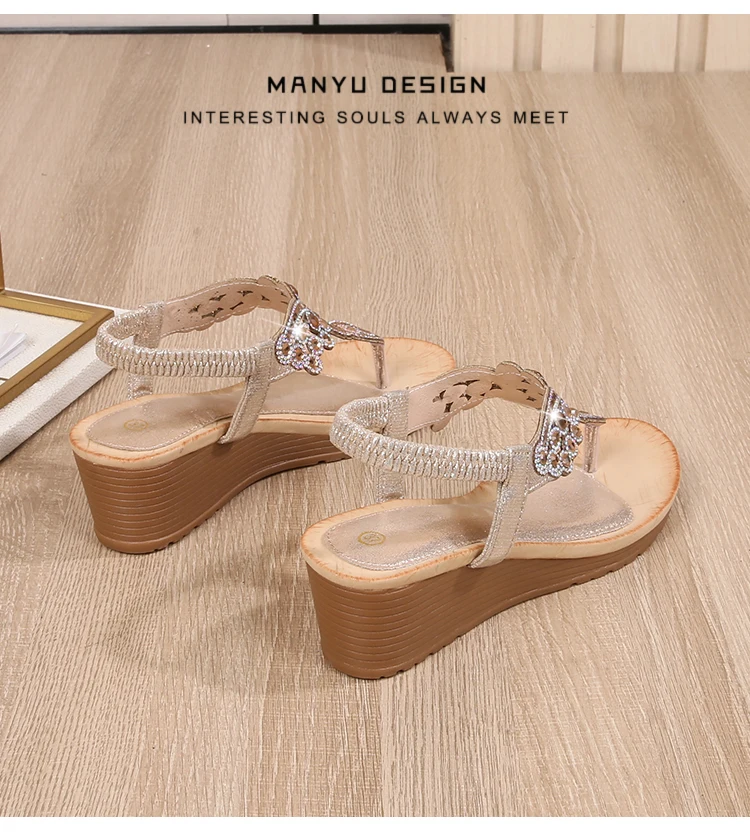 Ladies Roman Sandals Bohemian Ethnic Style Water Diamond Slope Heel Summer New Fashion Shoes Low Help Glue Stick Sandals detail