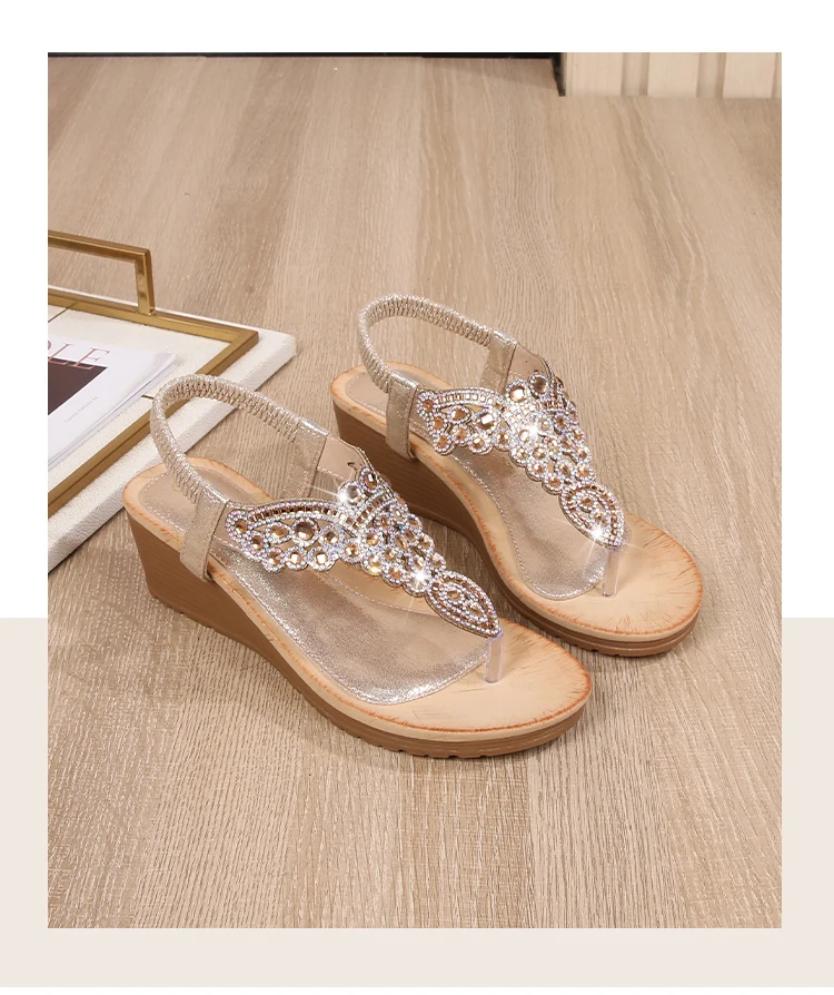 Ladies Roman Sandals Bohemian Ethnic Style Water Diamond Slope Heel Summer New Fashion Shoes Low Help Glue Stick Sandals detail
