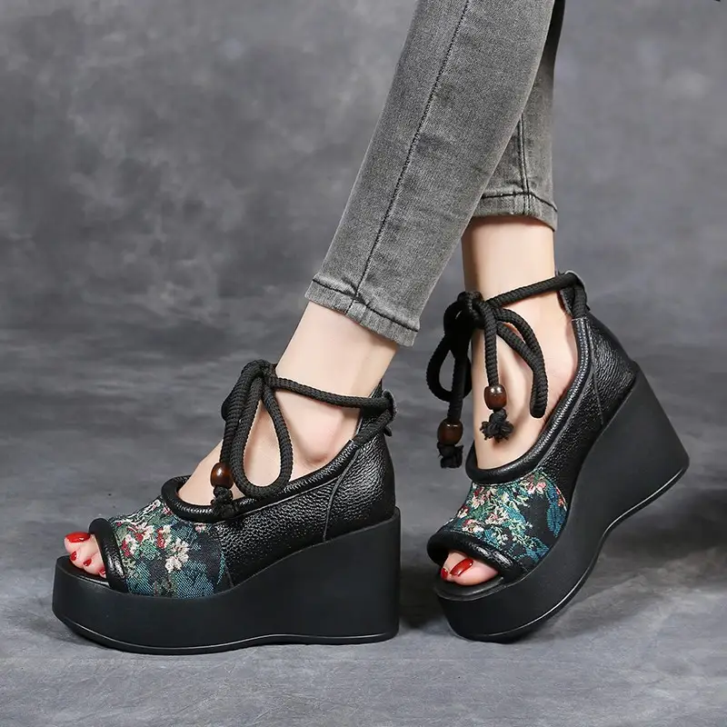 Soft Leather New Chinese Embroidered Slope High Heel Fish Mouth Sandals Women's Vintage Lace-up Platform Cutout Roman Shoes product view