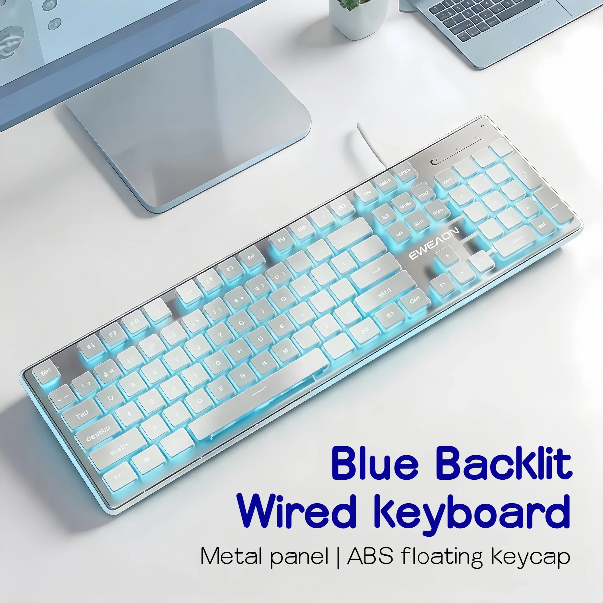 Ice Blue Backlit Gaming Keyboard Pudding Keycaps Metal Panel Wired USB LED Light Adjustable 104 Keys Mechanical Feel Pink White for PC Laptop detail