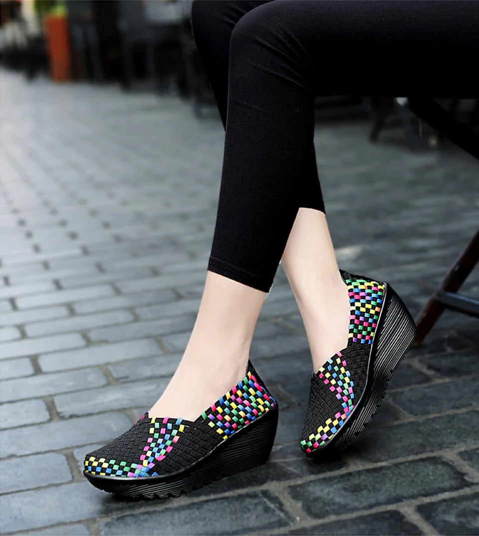 EOFK Autumn Women Woven Shoes Loafers Platform Handmade Elastic Slip on Nylon Woven Casual Wedges Shoes Lady detail
