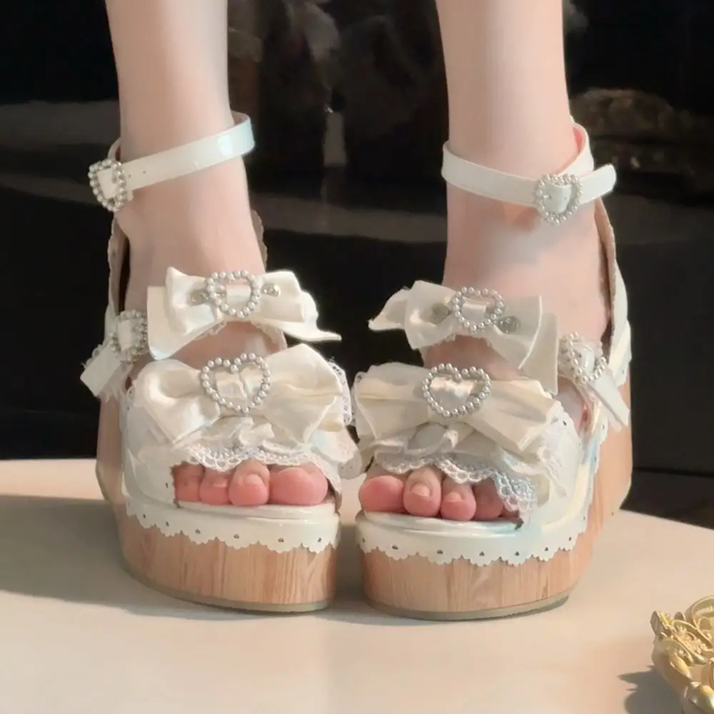 Y2K Millennium Lolita Original Design Slope Heel Open-toed Sandals Japanese Girl Ancient Feeling Sweet Bow Lo Shoes product view