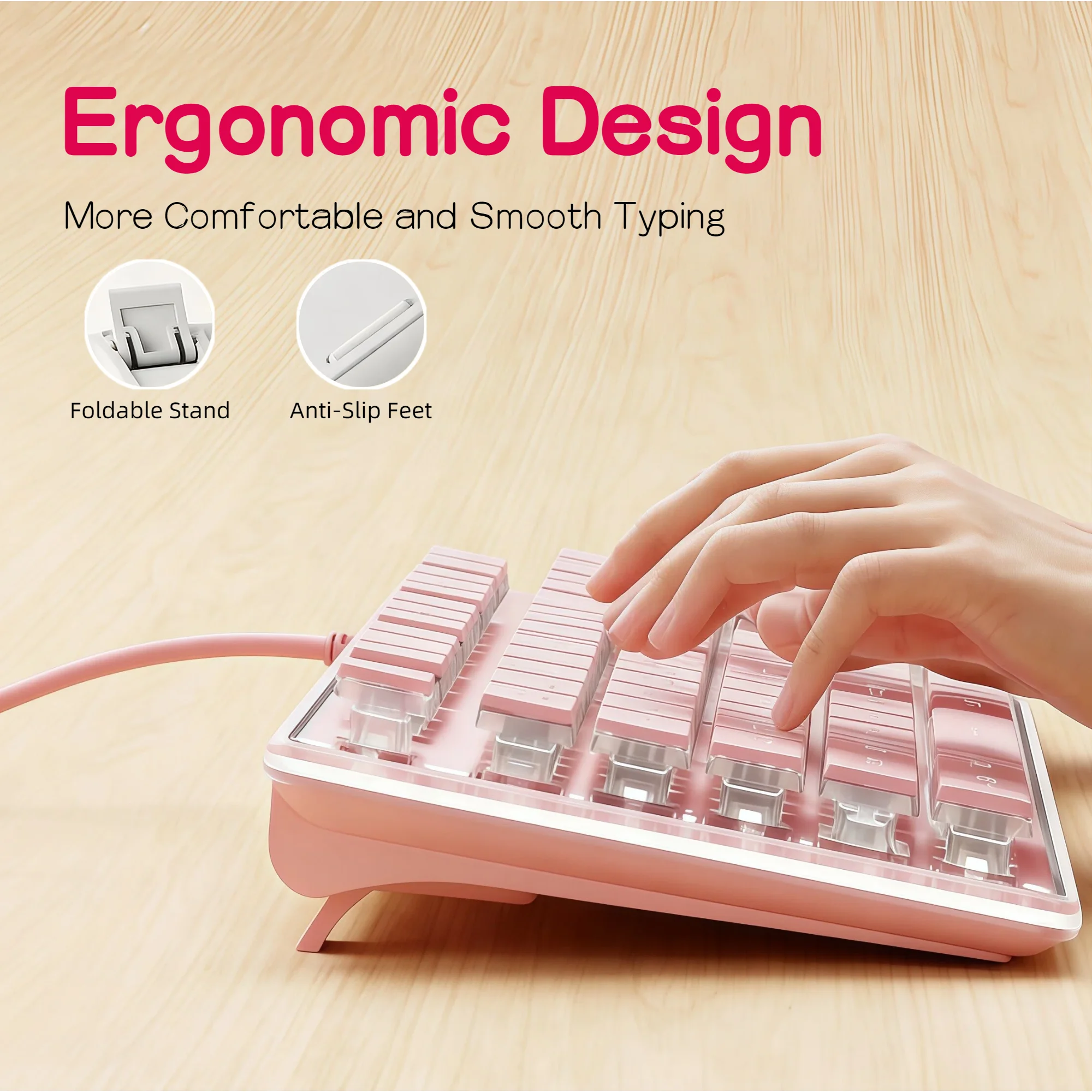 Ice Blue Backlit Gaming Keyboard Pudding Keycaps Metal Panel Wired USB LED Light Adjustable 104 Keys Mechanical Feel Pink White for PC Laptop detail