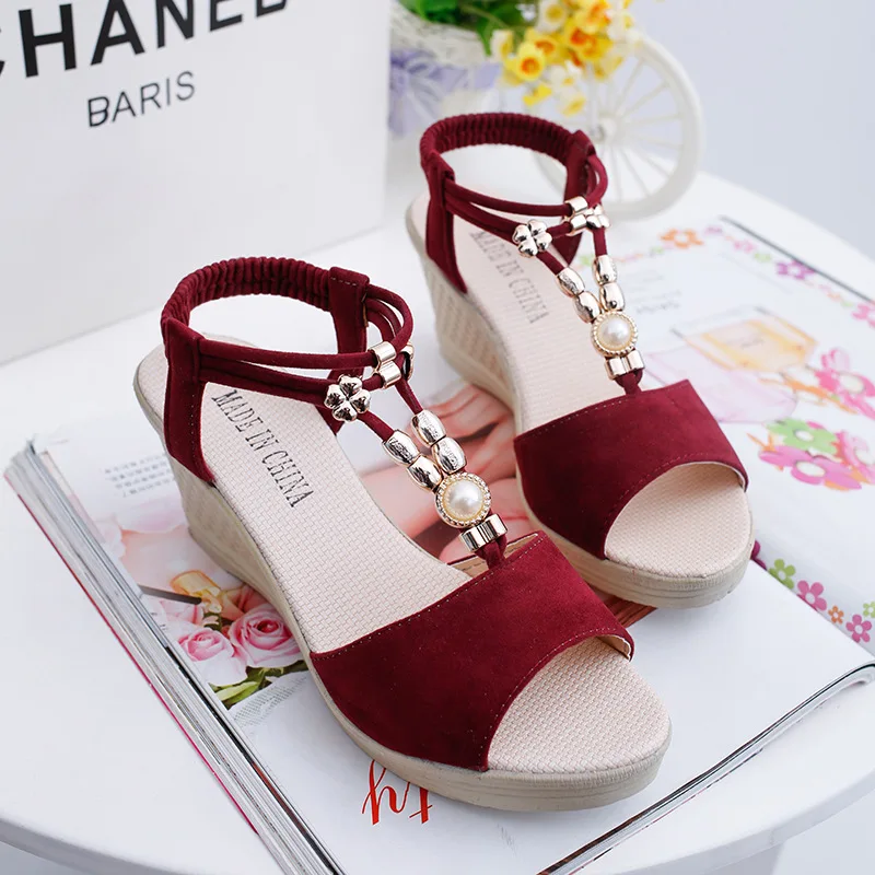 Fish-mouthed Women's Sandals Midheel Breathable Woman Shoes Trendy Slope Heeled Women Sandals Open Toed Beaded Sandals for Women detail