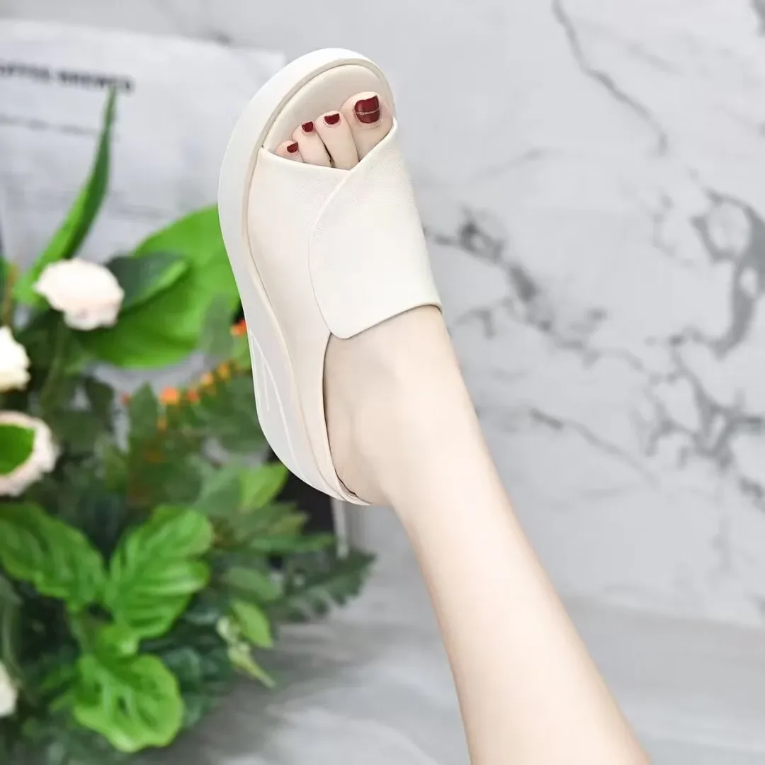 2024 Summer New Open Toe Sexy Solid Thick Sole Slope Heel Slippers for Women Outwear Comfortable Women's Single Shoes Sandals detail