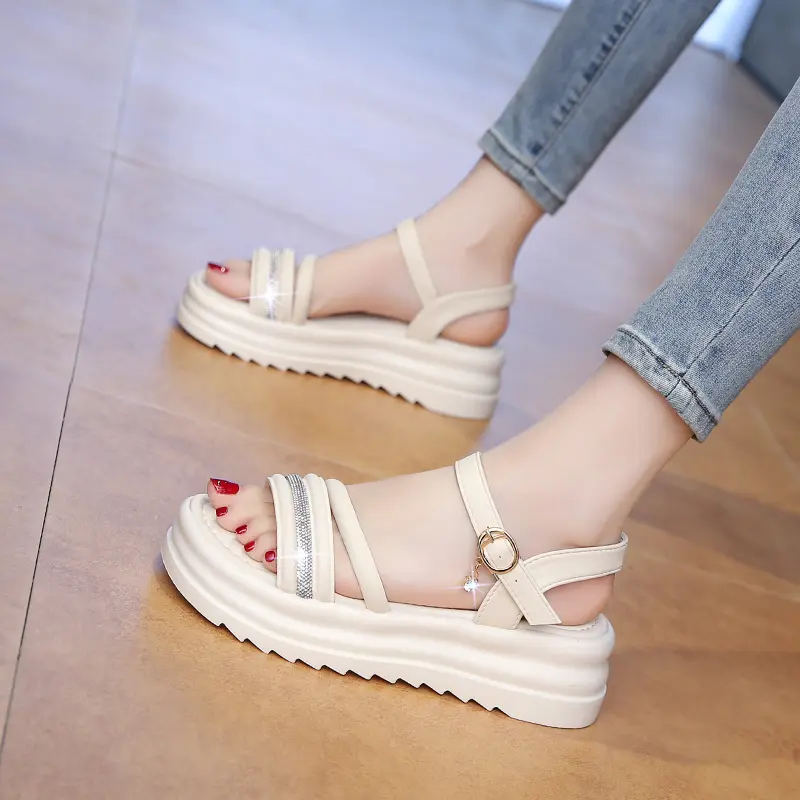 **Summer New Comfortable Round Head Thick Bottom Slope Heel Sandals Fashionable/Elegant Water Diamond Fish Mouth Sandals Women product view