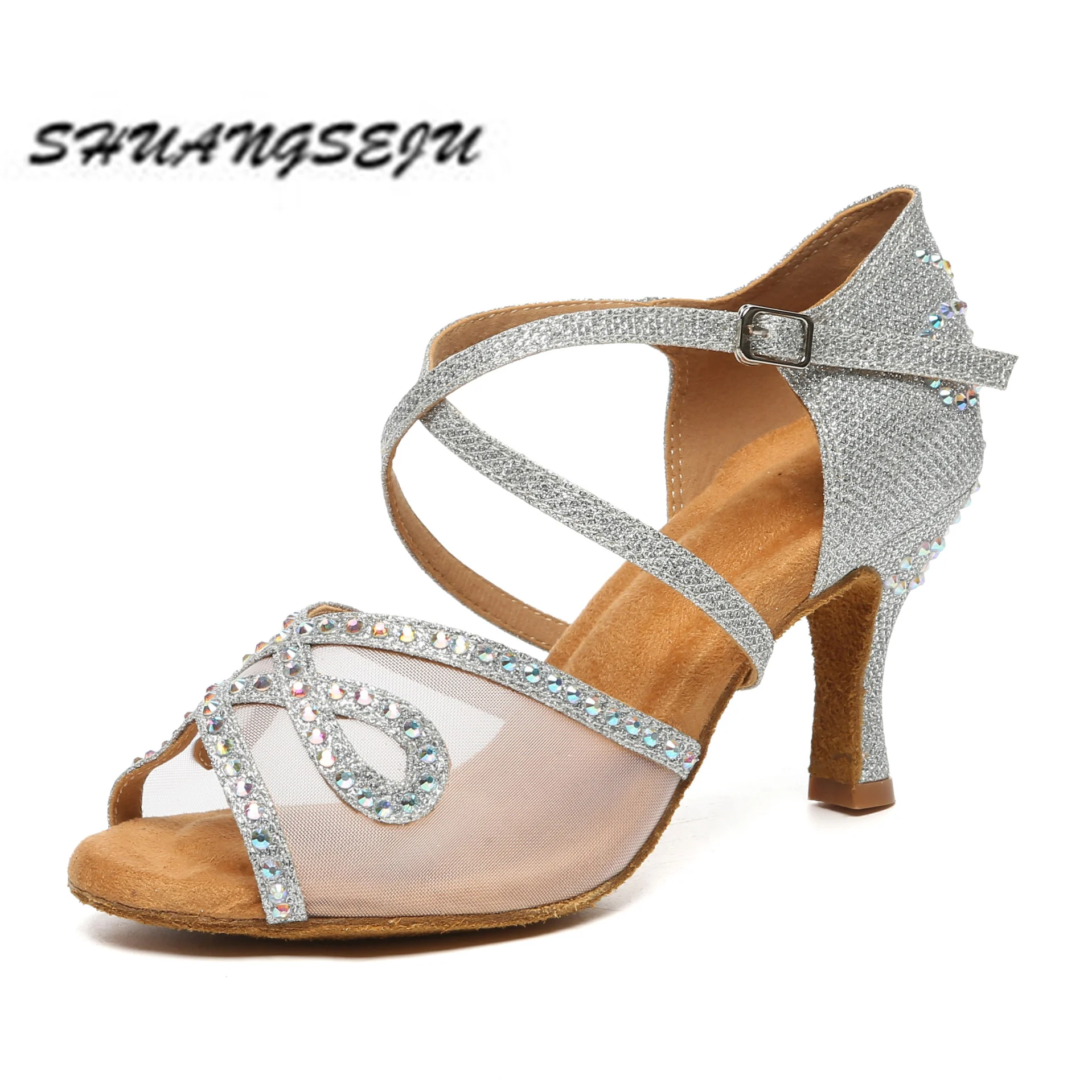 SHUANGSEJU New adult Latin dance Shoes Women Salsa Fashion shiny glass slipper Bachata performance shoes Black Everything 6-10cm detail