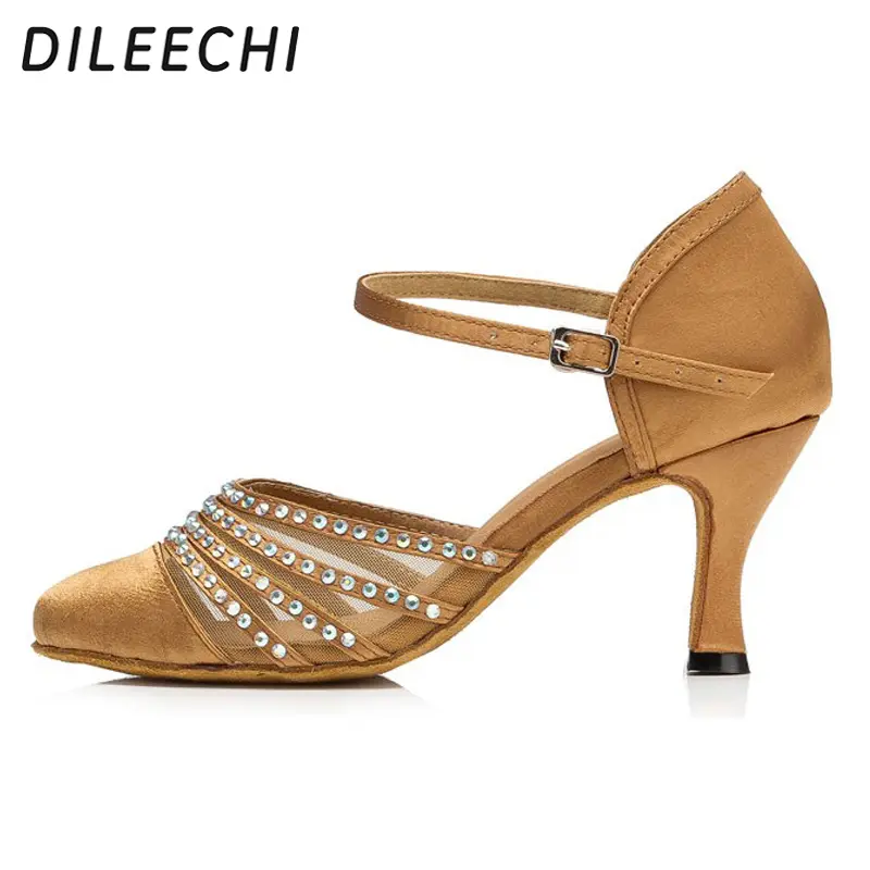 DILEECHI New arrival Tan Satin Latin Modern dance shoes female Autumn and Winter Ballroom dancing shoes thin heels 7.5cm product view