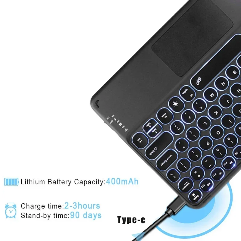 Spanish/Hebrew/Russian/Portuguese Cute Round Hat Backlit Bluetooth Keyboard with Touchpad For iPad Tablet Laptop IOS Android product view