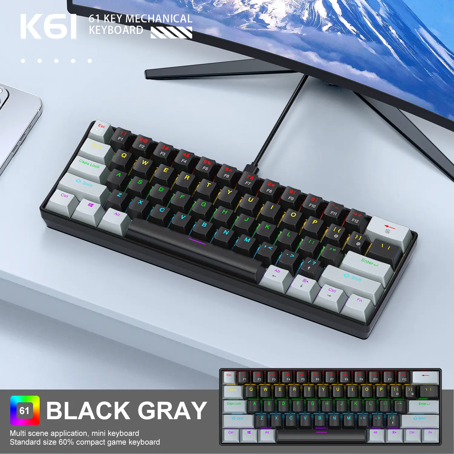 61 Key Wired Mechanical Keyboard Compact 60% Design APAYADO K61 RGB Backlight Anti Ghosting Type-C Port for Desktop Laptop product view