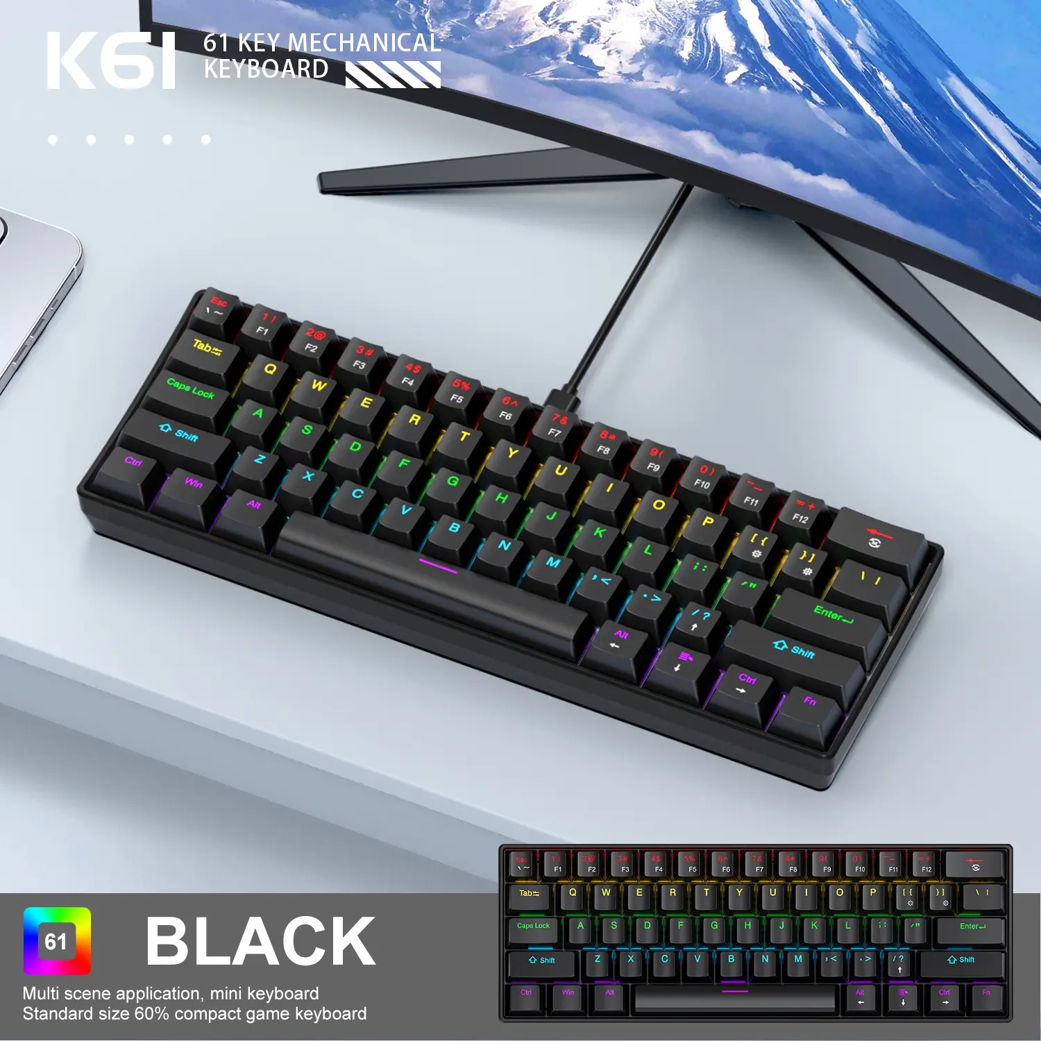 61 Key Wired Mechanical Keyboard Compact 60% Design APAYADO K61 RGB Backlight Anti Ghosting Type-C Port for Desktop Laptop product view