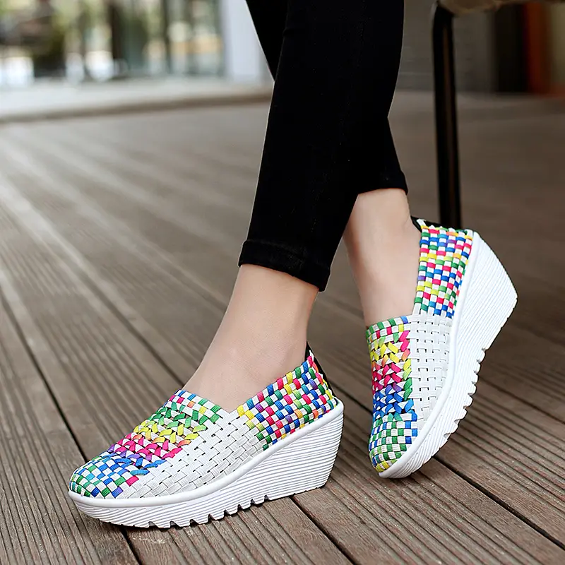 EOFK Autumn Women Woven Shoes Loafers Platform Handmade Elastic Slip on Nylon Woven Casual Wedges Shoes Lady product view