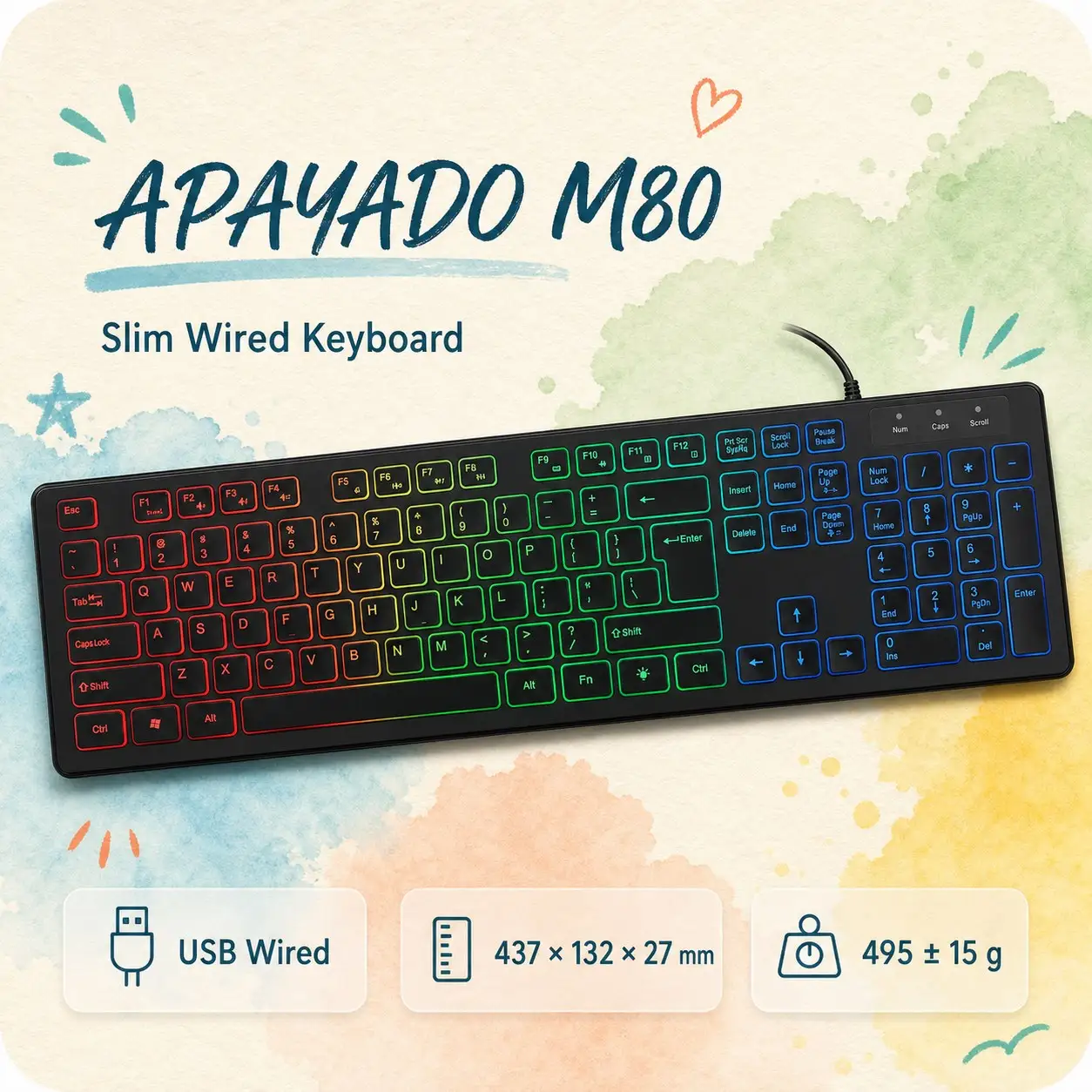 APAYADO M80 Quiet Office Wired Keyboard Thin-Film Structure 495g Weight 148CM Long Cord Full Layout USB Computer Keyboard