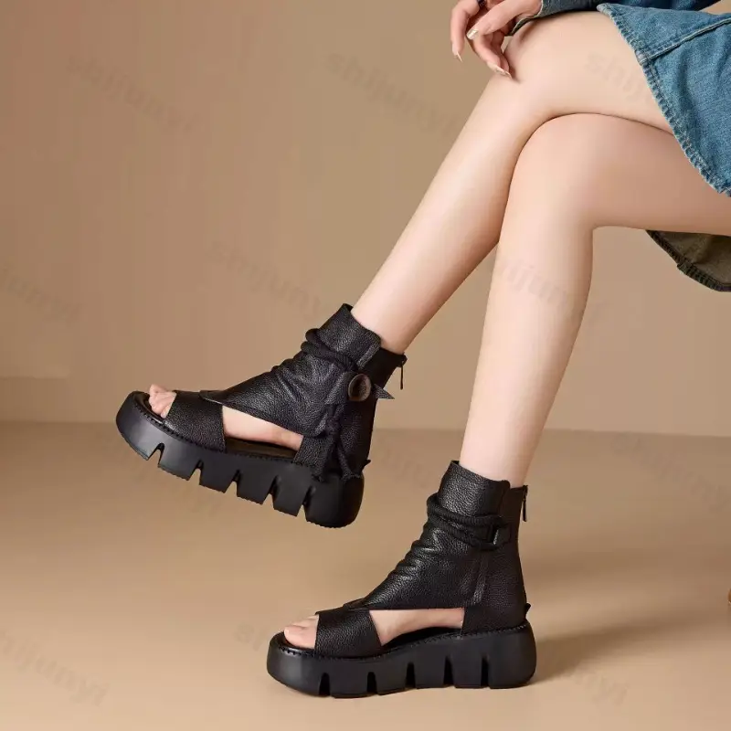 Thick Sole Roman Style Cool Boots for Women Summer 2025 New Fashion Comfortable Slope Heel High Top Versatile Fish Mouth Sandals product view