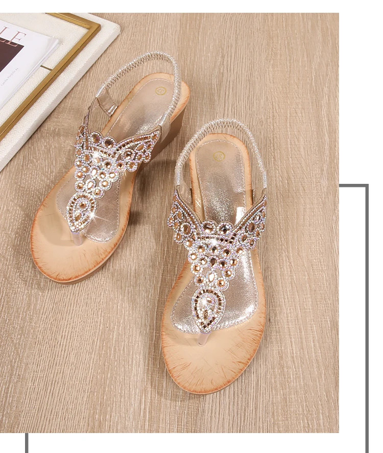 Ladies Roman Sandals Bohemian Ethnic Style Water Diamond Slope Heel Summer New Fashion Shoes Low Help Glue Stick Sandals detail