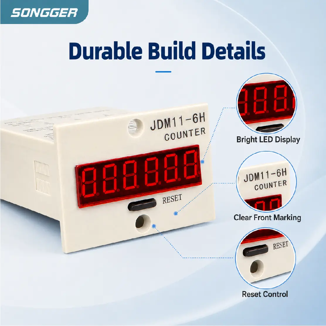 JDM11-6H 6 Digit Digital Counter LED Display Electronic Totalizer Industrial Panel Mount Counter Power Failure Memory 12-380V product view