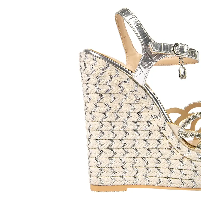 Women's New Summer Round Toe Thick Sole With Diamond Inlaid High Heels, Large Open Toe Hemp Rope Woven Slope Heel Sandals product view