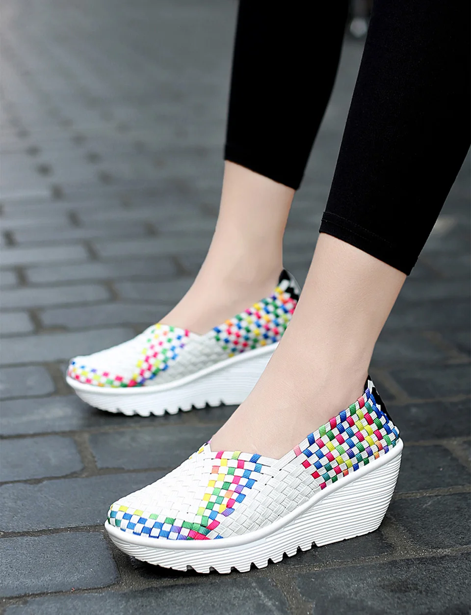 EOFK Autumn Women Woven Shoes Loafers Platform Handmade Elastic Slip on Nylon Woven Casual Wedges Shoes Lady detail