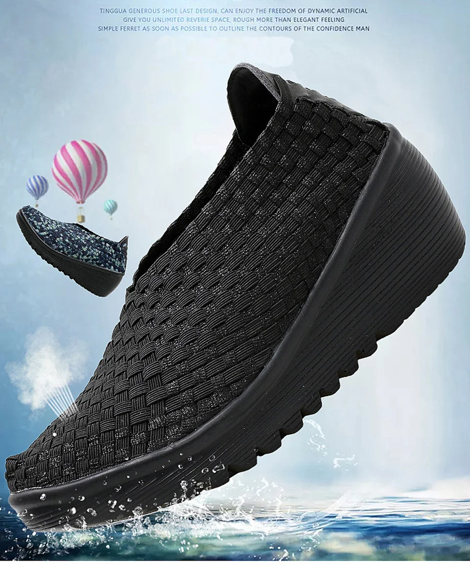 EOFK Autumn Women Woven Shoes Loafers Platform Handmade Elastic Slip on Nylon Woven Casual Wedges Shoes Lady detail