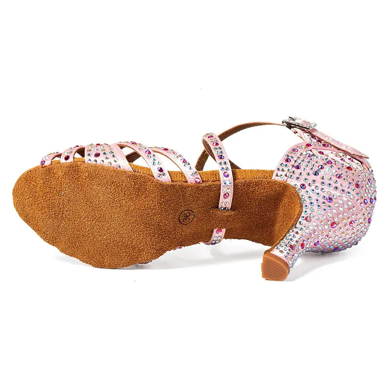 Latin dance shoes pink adult women's high heels rhinestone square dance shoes soft sole national standard double ballroom dance product view