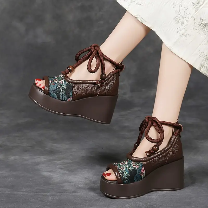 Soft Leather New Chinese Embroidered Slope High Heel Fish Mouth Sandals Women's Vintage Lace-up Platform Cutout Roman Shoes product view