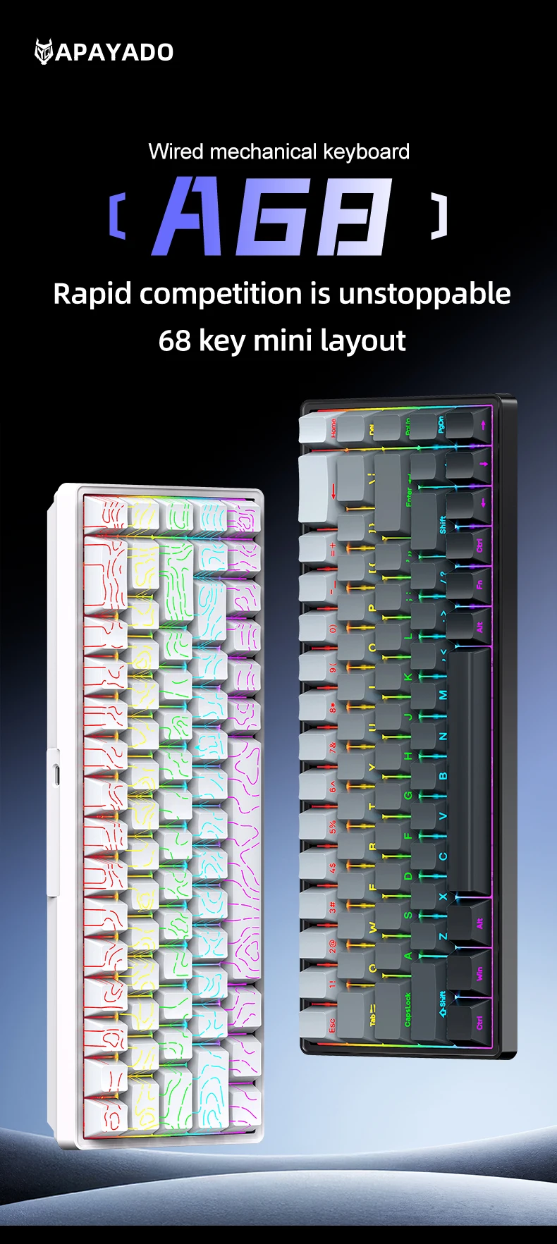 APAYADO A68 Wired Mechanical Keyboard Compact Layout Hot Swappable Blue/Red Switches RGB Backlight Full Key Rollover Type-C detail