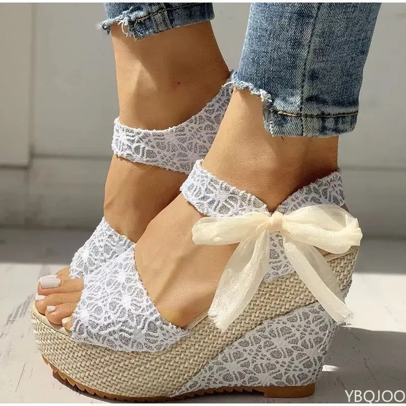 Summer New Fashion Slope Heel Fish Mouth Women's Sandals Party Lace Lace Strap Waterproof Platform Thick soled High Heels product view
