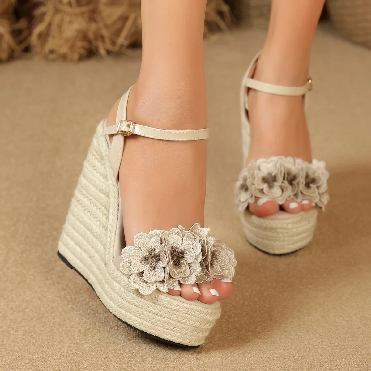 Women Sexy Wedge Sandals with Flower Sexy 14cm Fashion Simple Slope Heel Waterproof Platform Hemp rope woven bottom Car Sandals detail