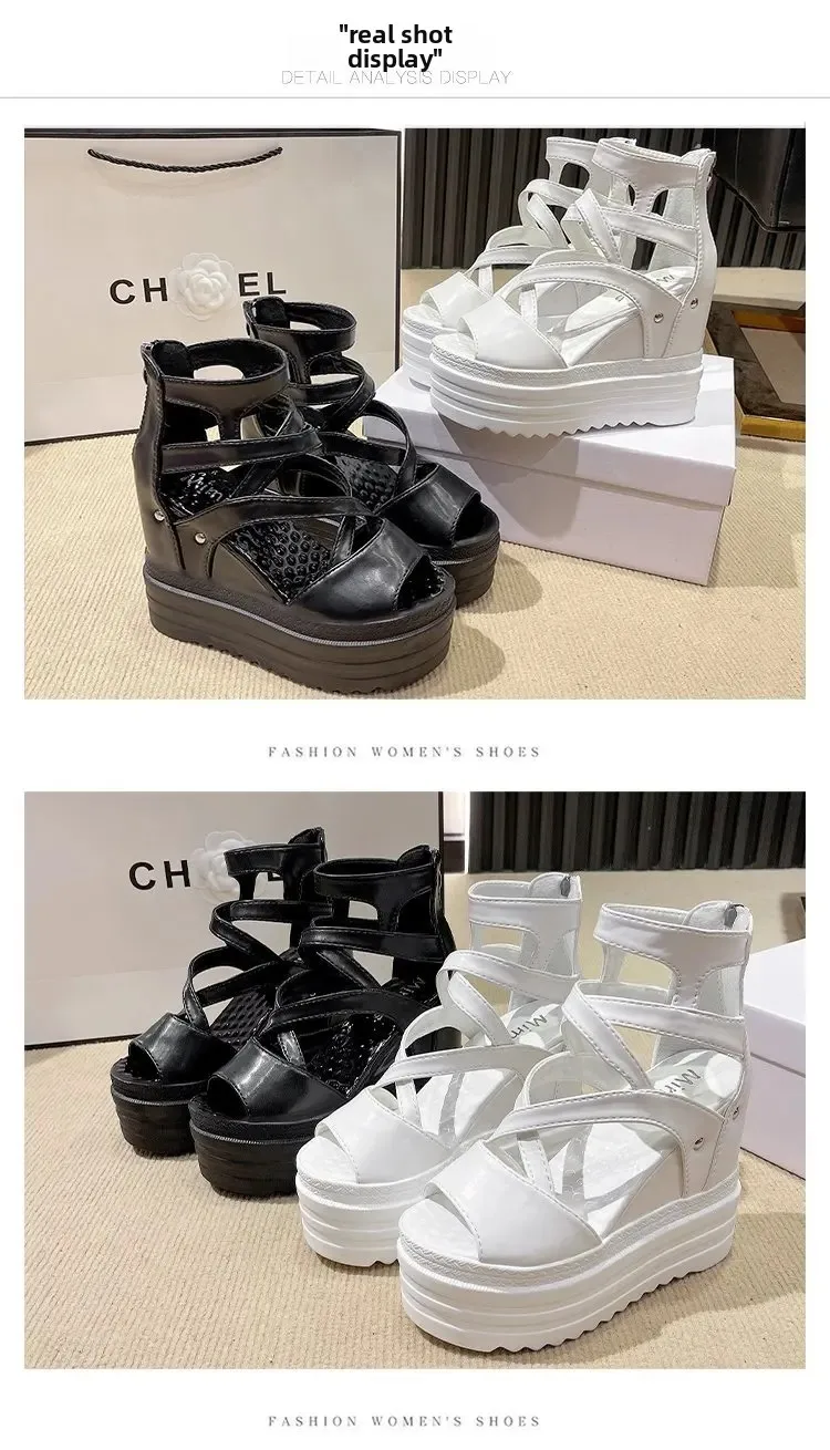 Women's High Heel Sandals 13CM Slope Heel Thick Bottom Cross Band Fish Mouth Shoes New Style Increased Height Summer Shoes detail