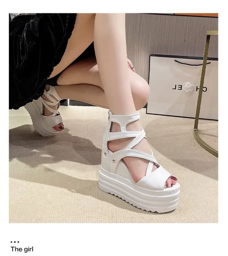 Women's High Heel Sandals 13CM Slope Heel Thick Bottom Cross Band Fish Mouth Shoes New Style Increased Height Summer Shoes detail