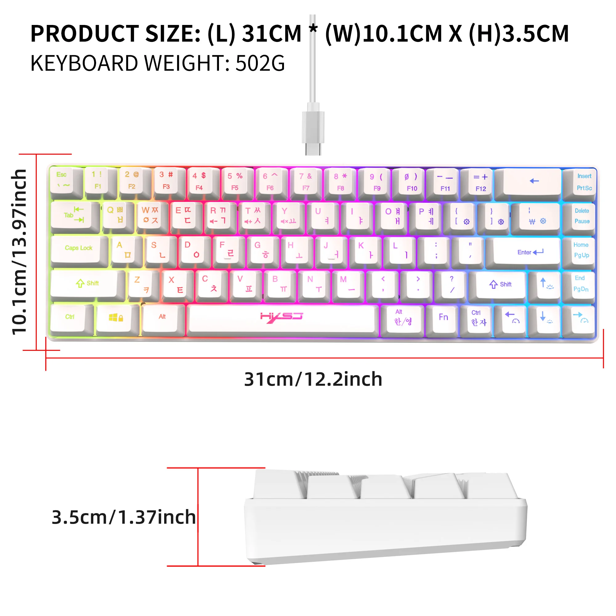 68 Keys Gaming Keyboard USB Wired Portable 20 RGB Backlight Korean Russian English Keyboard for Windows Laptops Computer detail