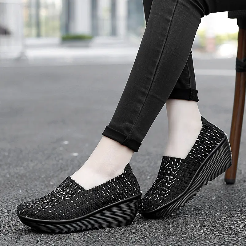 EOFK Autumn Women Woven Shoes Loafers Platform Handmade Elastic Slip on Nylon Woven Casual Wedges Shoes Lady product view