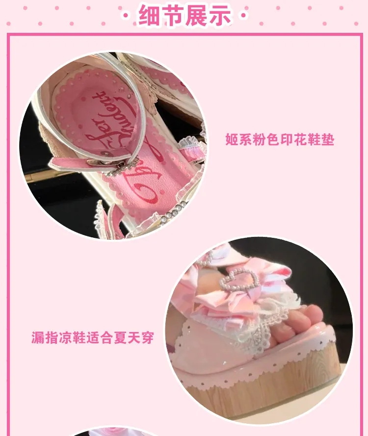 Y2K Millennium Lolita Original Design Slope Heel Open-toed Sandals Japanese Girl Ancient Feeling Sweet Bow Lo Shoes detail