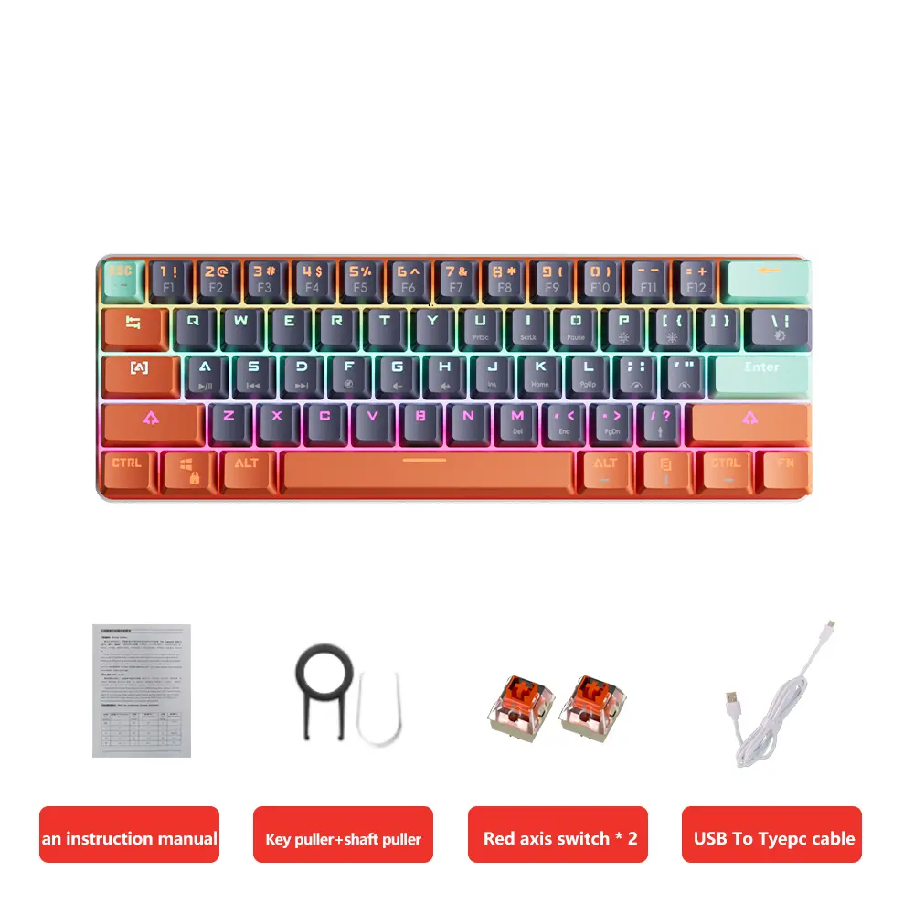 MUCAI 61 key USB hot swappable esports mechanical keyboard game red axis LED cool light effect compact and practical product view