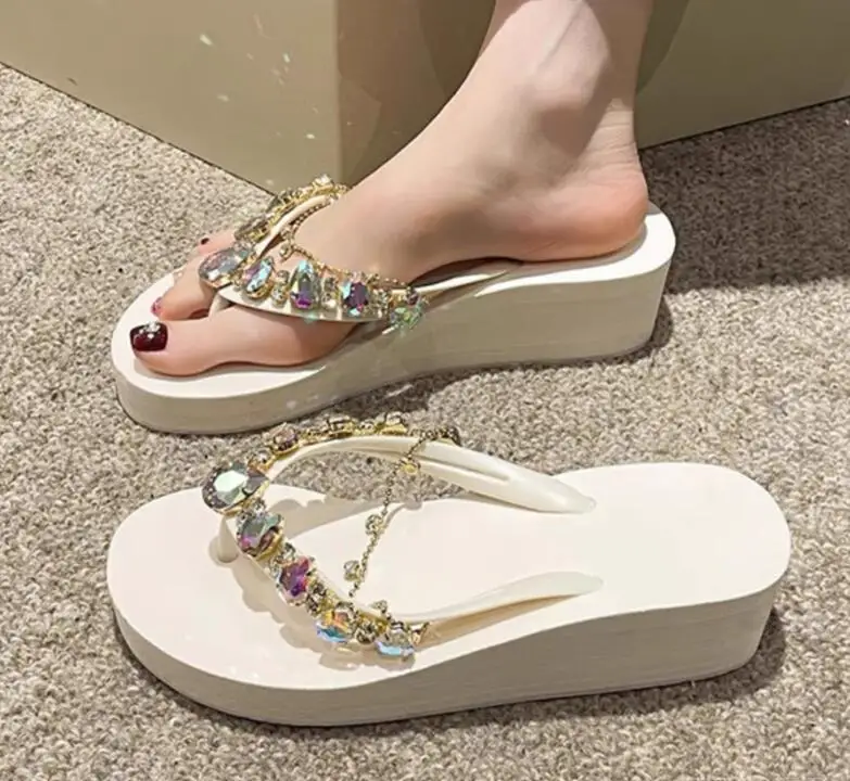 Rhinestone Women's Sandals Summer Outdoor Wear Heightening Slope Heel Beach Sandals Slip-On Anti-Slip detail