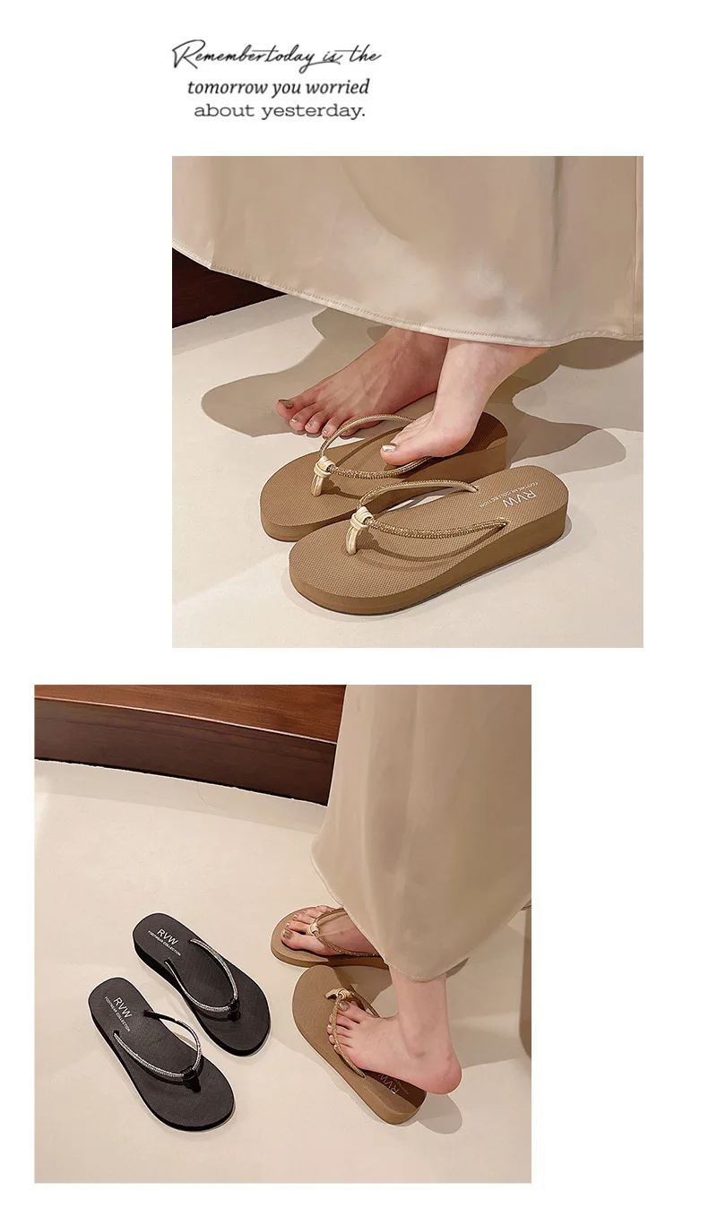 New Beach Shoes, Slippers for Women's Summer Fashion, Wearing Rhinestone Flip Flops, Mid Heel, Thick Sole, Sloping Heel, Clip On detail