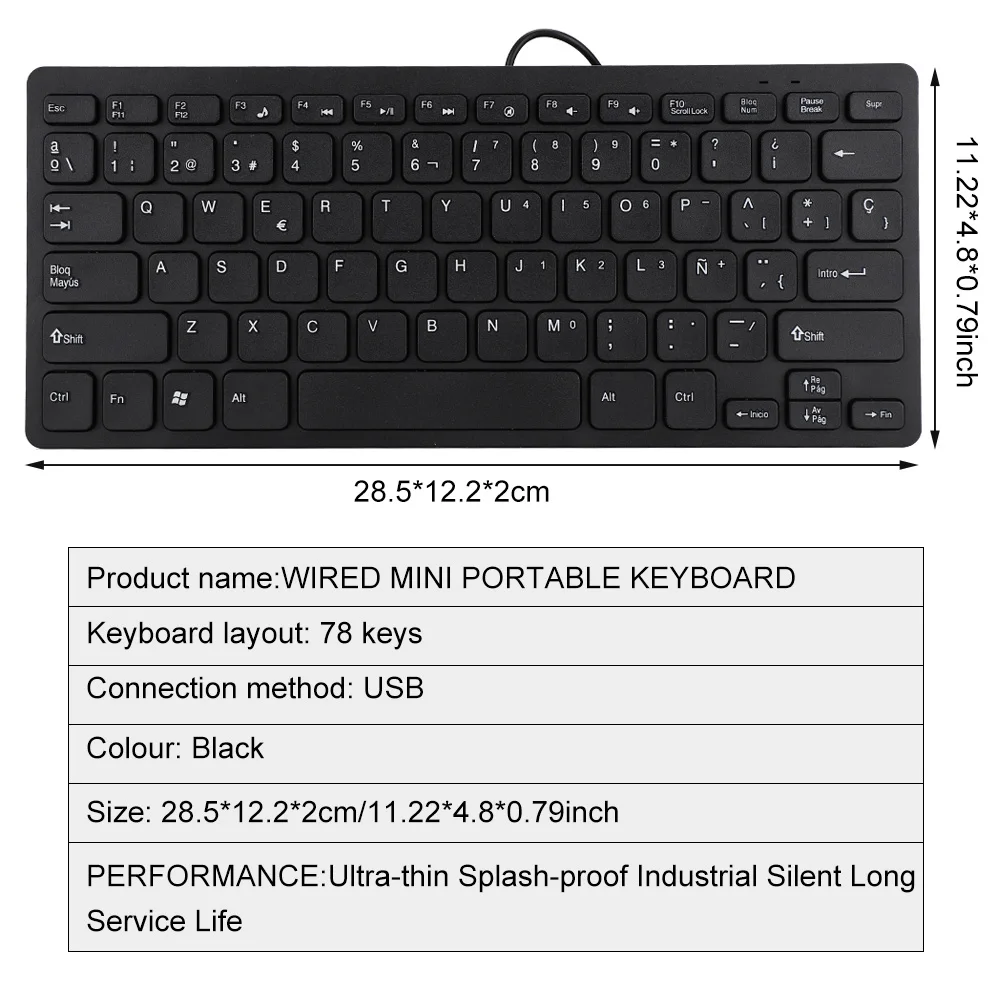 Keyboard Mini Keyboard Wired Keyboard Wired Mini Portable Spanish Keyboard USB Interface for Desktop Computer Ultra Thin 78 Keys detail