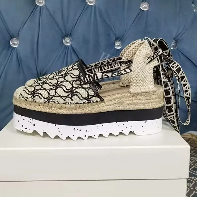 Summer Women Wedge Heel Sandals Canvas Thick Sole Ankle Strappy Sandalias Ladies Beach Vacation Fisherman Shoes Grass Sole Pumps detail
