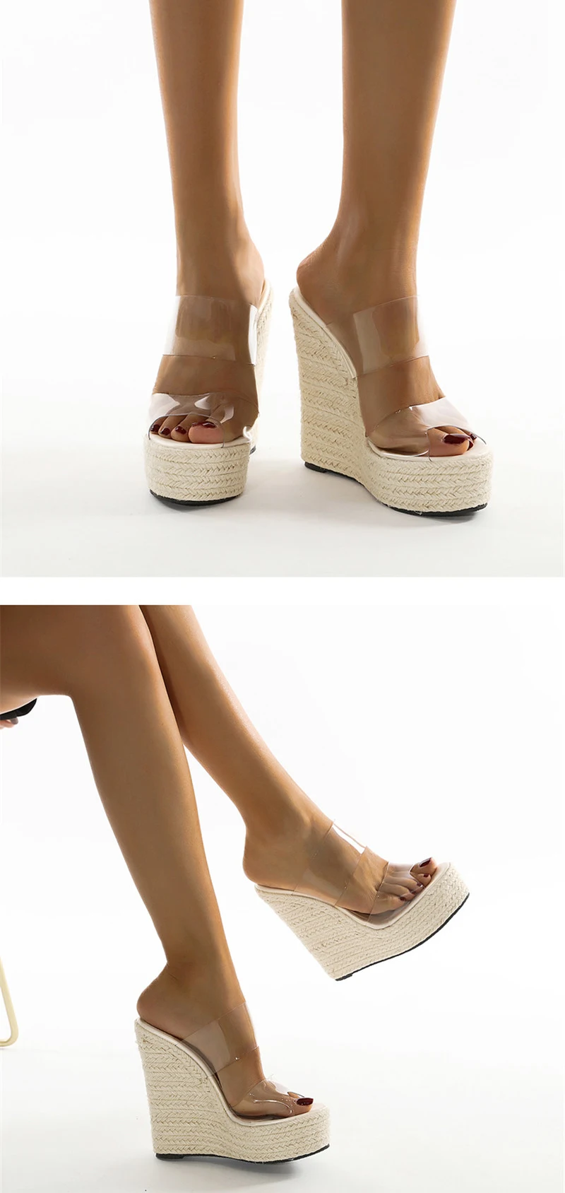 Eilyken Summer PVC Transparent Peep Toe Cane Straw Weave Slippers Platform Wedges Sandals Women Fashion High Heels Female Shoes detail