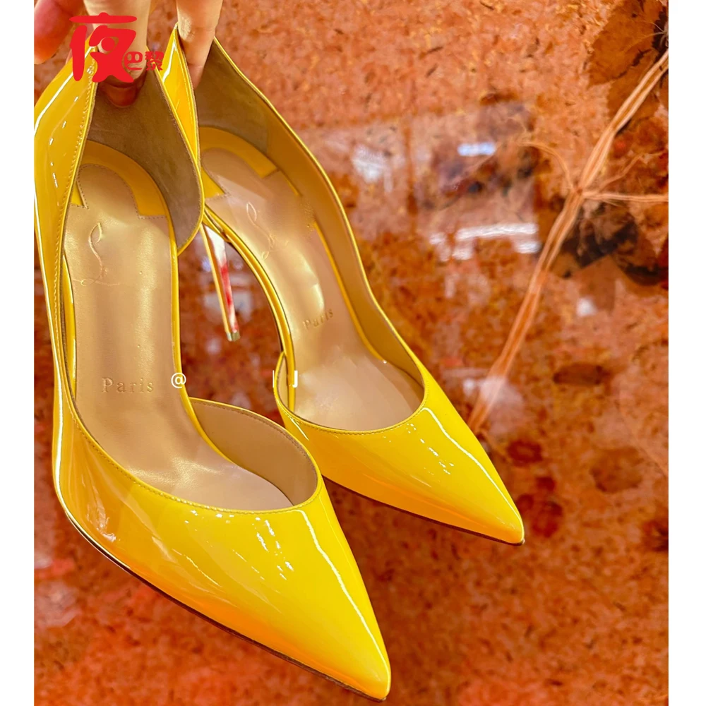 New Style Yellow Patent Leather High Heels With Slim Heels, Sexy Temperament, Pointed French Single Shoes for Women detail