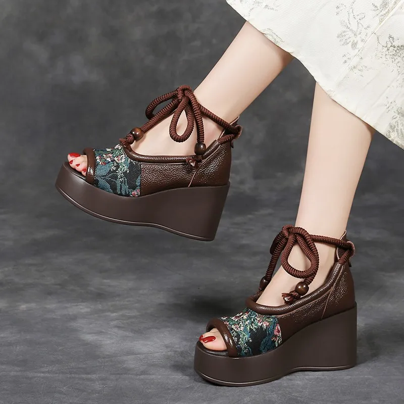 Soft Leather New Chinese Embroidered Slope High Heel Fish Mouth Sandals Women's Vintage Lace-up Platform Cutout Roman Shoes detail