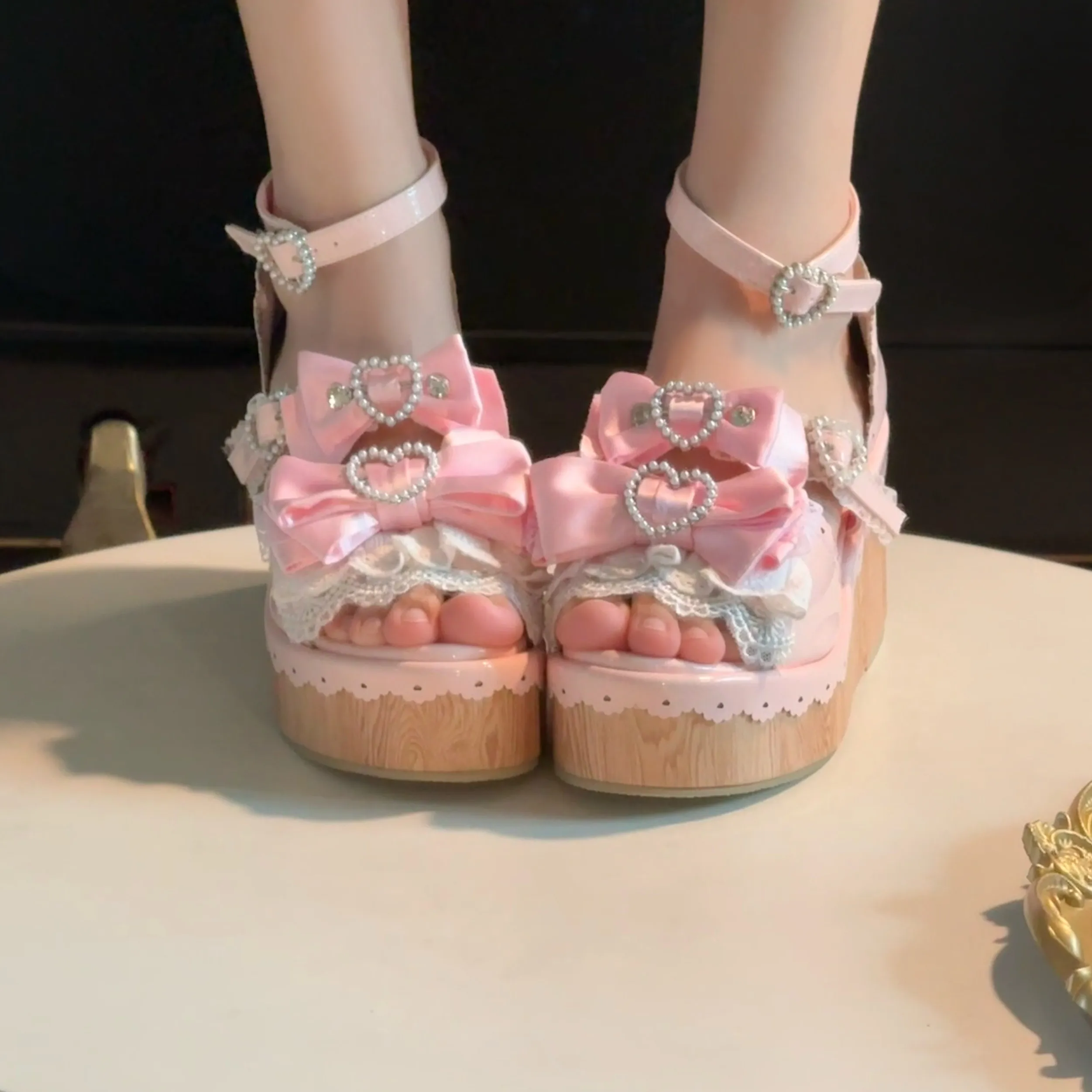 Y2K Millennium Lolita Original Design Slope Heel Open-toed Sandals Japanese Girl Ancient Feeling Sweet Bow Lo Shoes detail