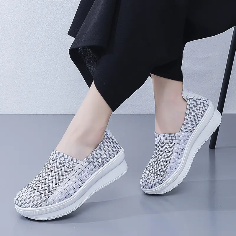 EOFK Autumn Women Woven Shoes Loafers Platform Handmade Elastic Slip on Nylon Woven Casual Wedges Shoes Lady product view