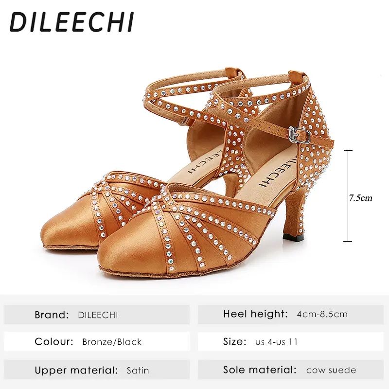 DILEECHI Tan Satin rhinestones Latin Modern dance shoes women Autumn and Winter Ballroom dancing shoes 7.5cm closed toe shoes product view