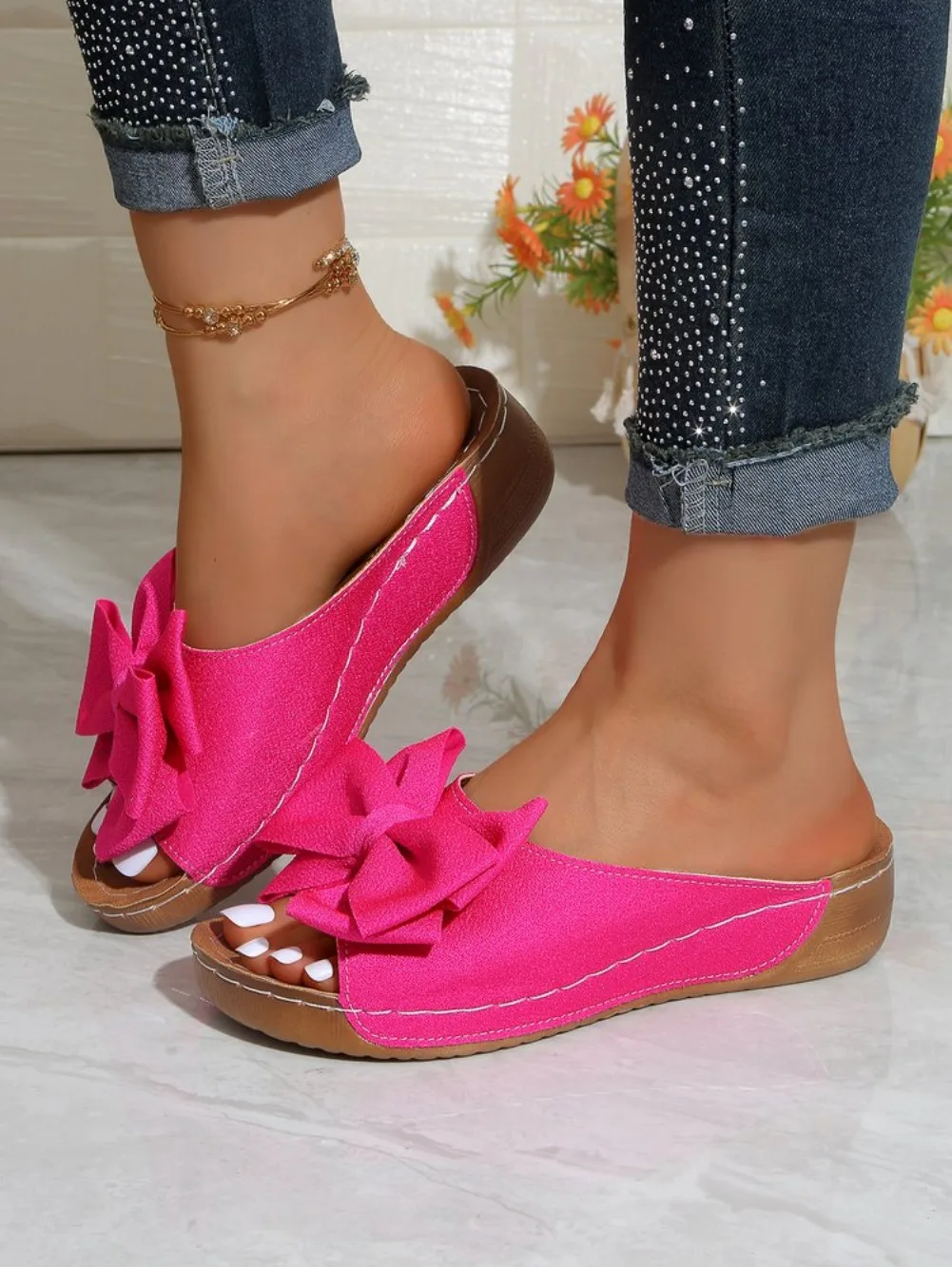 New Large Size Butterfly Knot Thick Heel Sandals Women Outdoor Wear Slope Heel Open Toe Fish Mouth Lightweight Beach Slippers detail